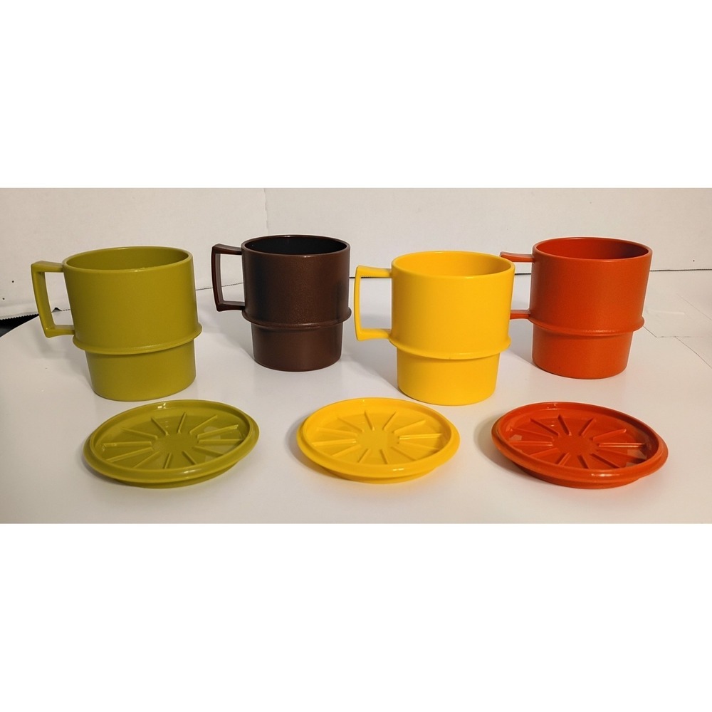 VTG TUPPERWARE Harvest Colors 1312 Stackable Coffee Cups Mugs Lids Coasters
